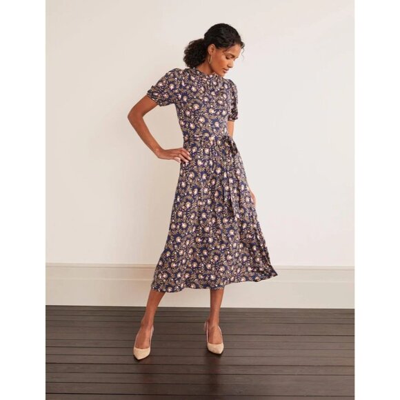 BODEN Flora Green Navy Floral Jersey Belted Puff Sleeve Midi Dress, Size 12 - Picture 2 of 15